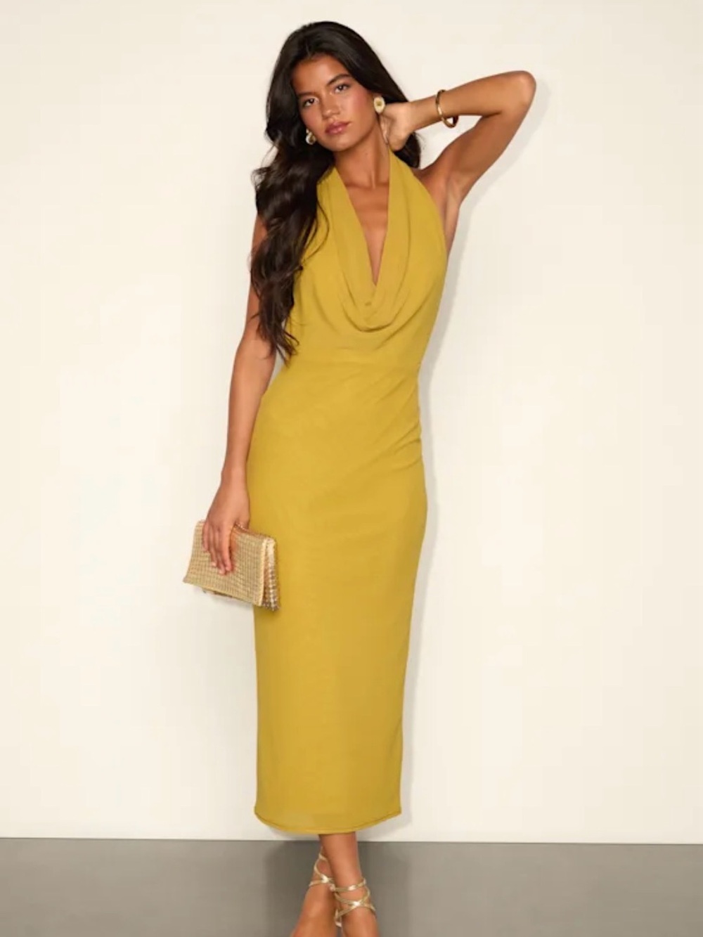 Lulus Chartreuse Mesh Halter Cowl Neck Open Back Midi Dress Size XS Green Venus